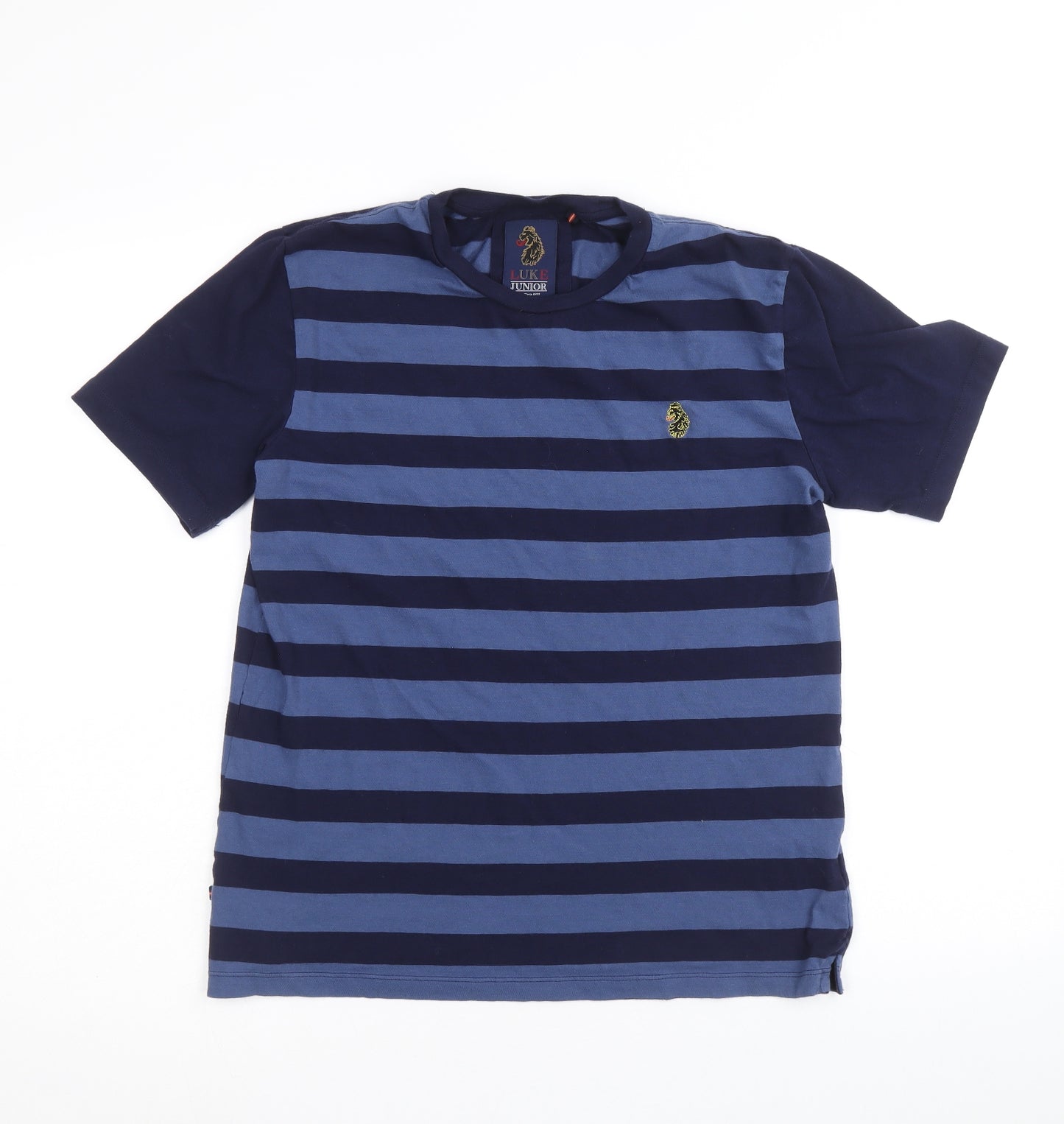 Luke Boys Blue Striped 100% Cotton Basic T-Shirt Size 13-14 Years Round Neck Pullover
