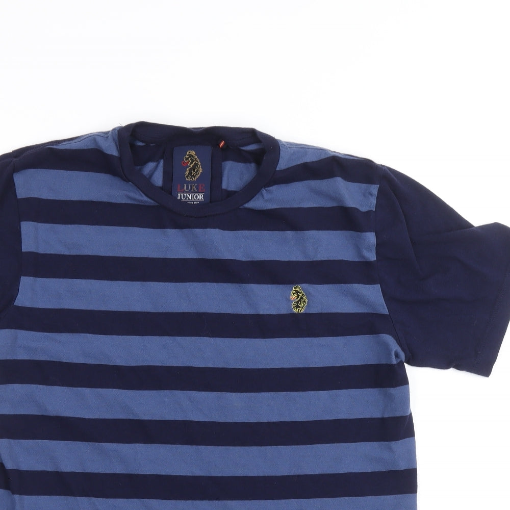 Luke Boys Blue Striped 100% Cotton Basic T-Shirt Size 13-14 Years Round Neck Pullover