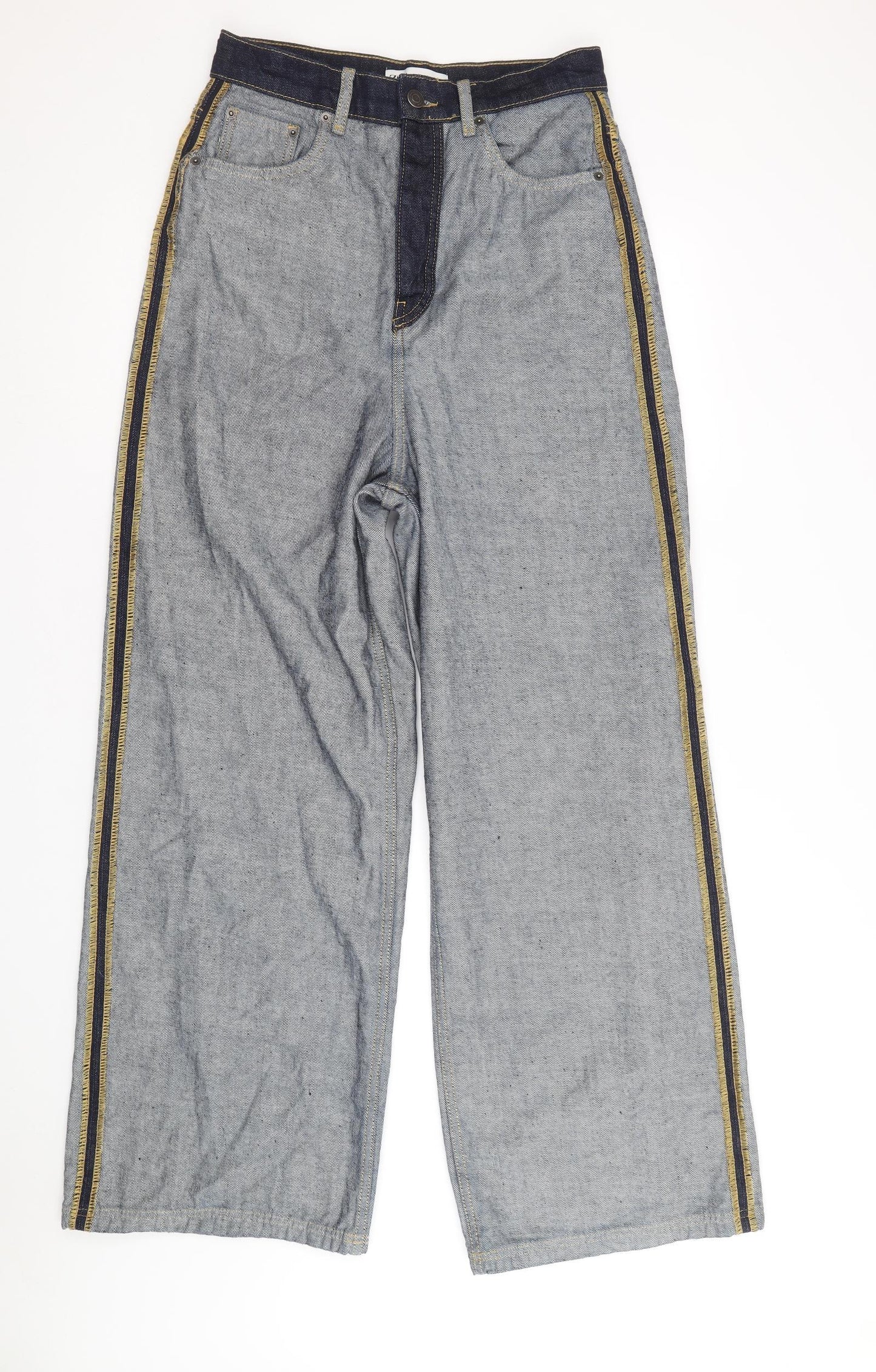 Zara Womens Blue Cotton Wide-Leg Jeans Size 10 Regular Zip
