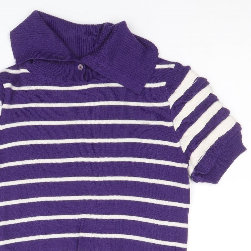 Paradiso Womens Purple Collared Striped Wool Pullover Jumper Size 12