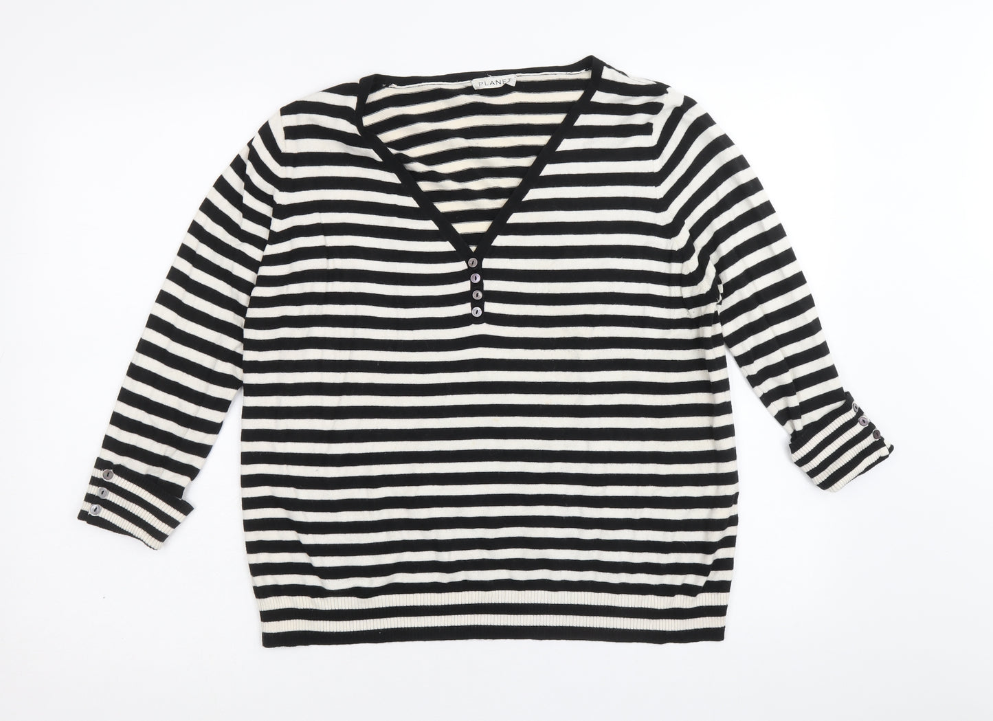 Planet Womens Black V-Neck Striped Modal Pullover Jumper Size L
