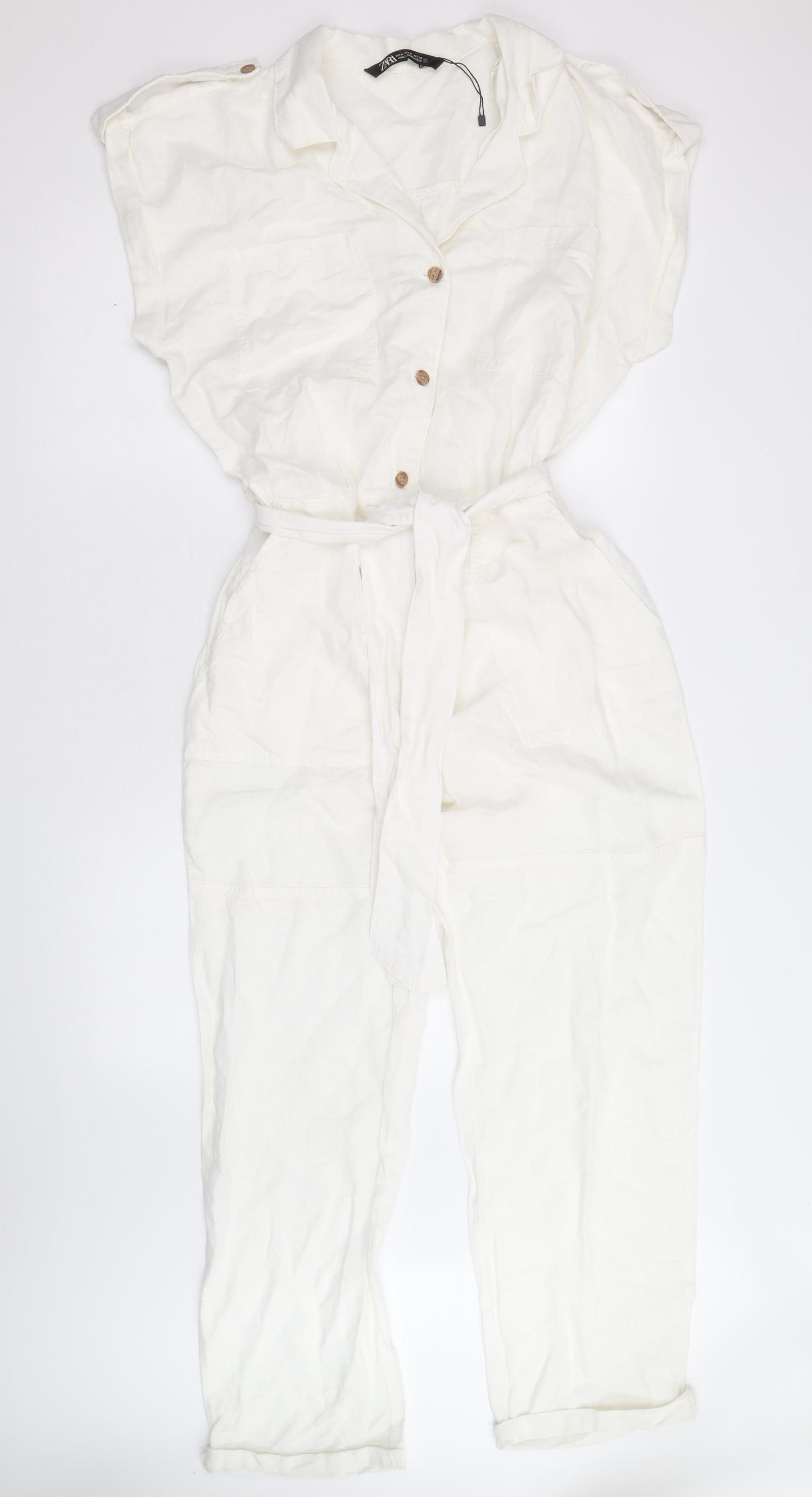 Zara Womens White Linen Jumpsuit One-Piece Size M Button