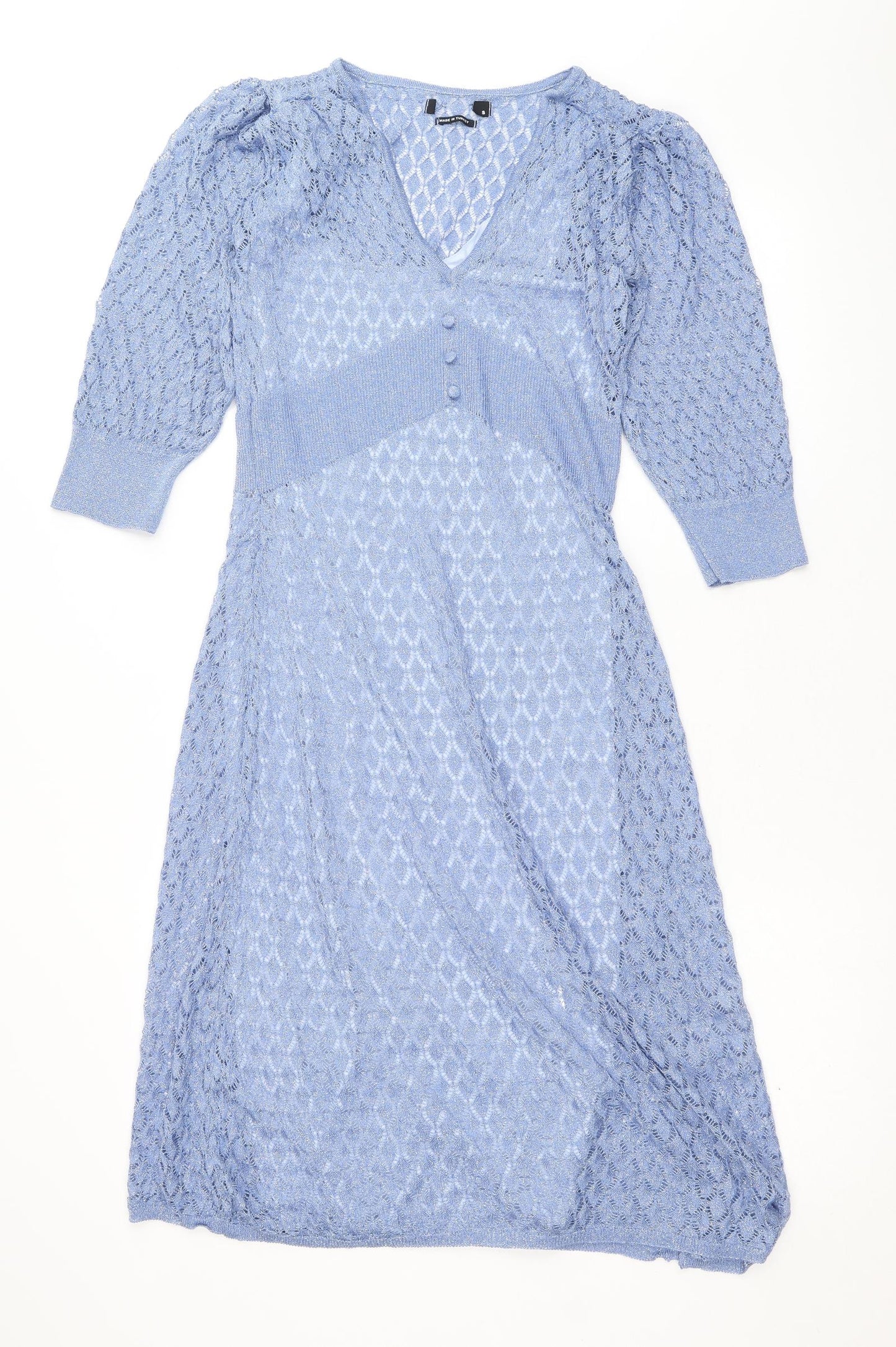 Preworn Womens Blue Geometric Polyester Jumper Dress Size S V-Neck Pullover