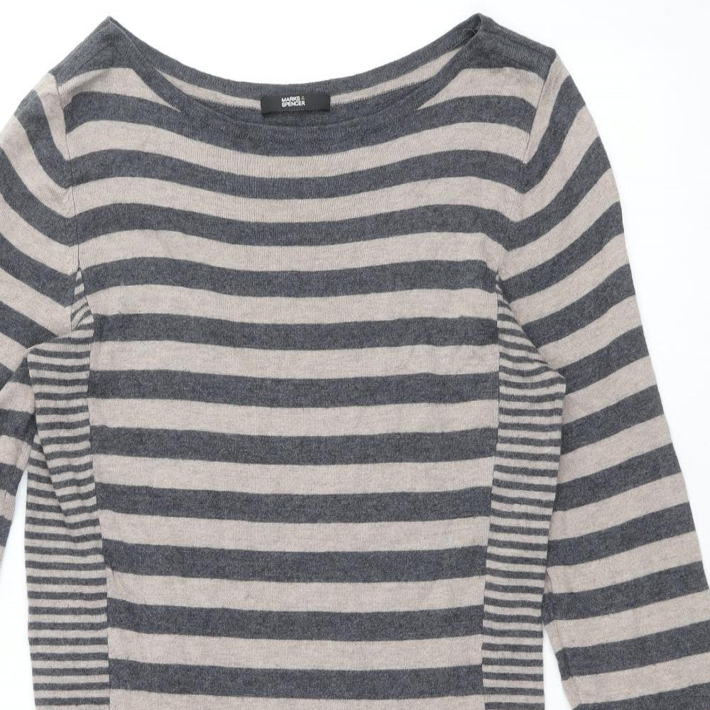 Marks and Spencer Womens Grey Striped Polyamide Jumper Dress Size 14 Round Neck Pullover