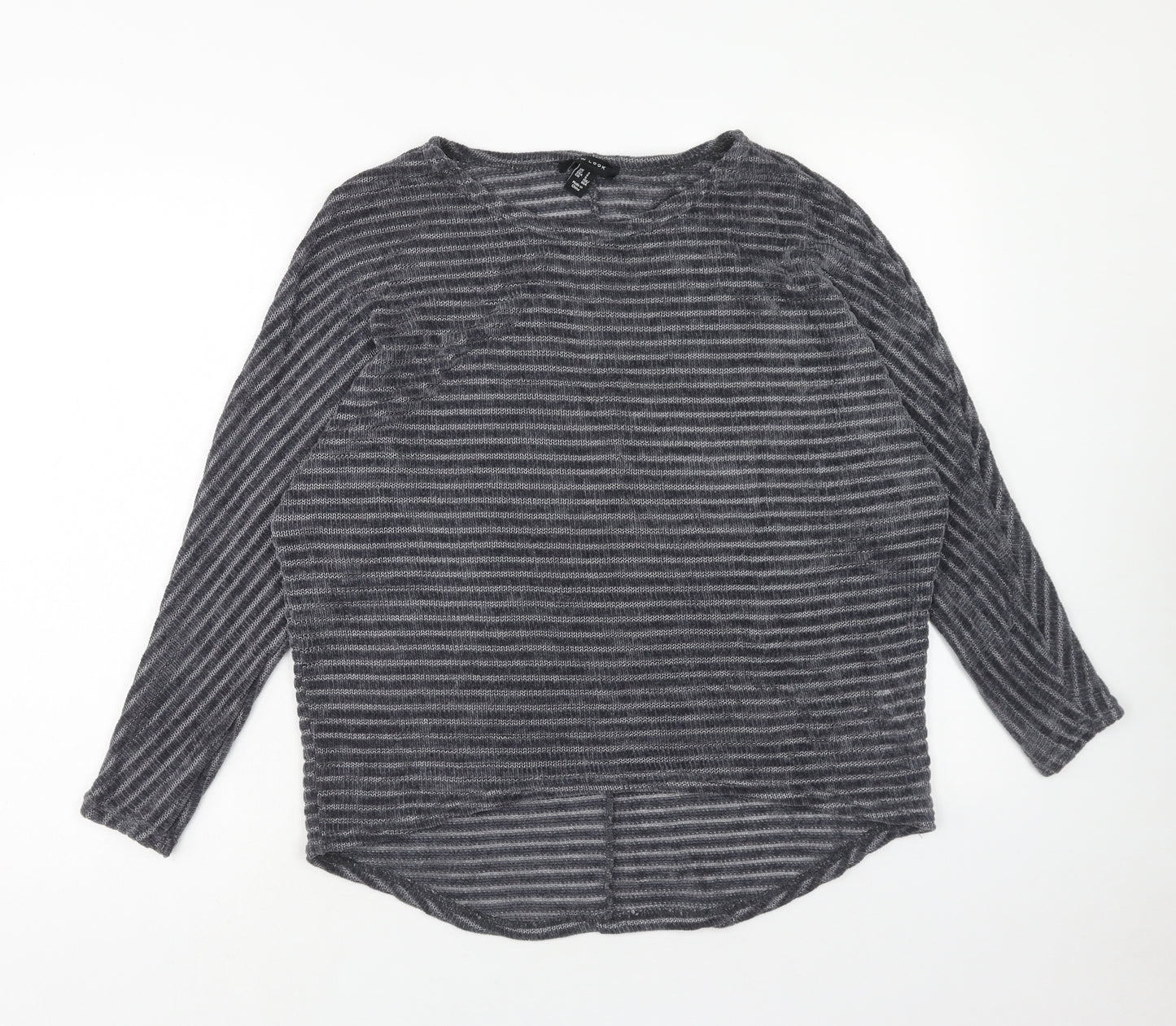 New Look Womens Grey Round Neck Striped Polyester Pullover Jumper Size S