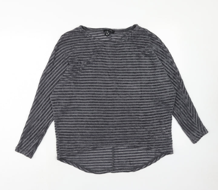 New Look Womens Grey Round Neck Striped Polyester Pullover Jumper Size S