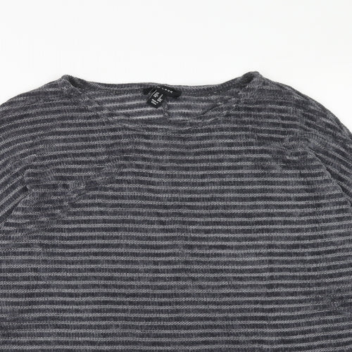 New Look Womens Grey Round Neck Striped Polyester Pullover Jumper Size S