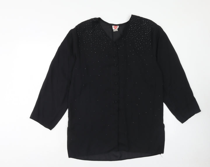 Cleo Womens Black Polyester Basic Button-Up Size 10 V-Neck