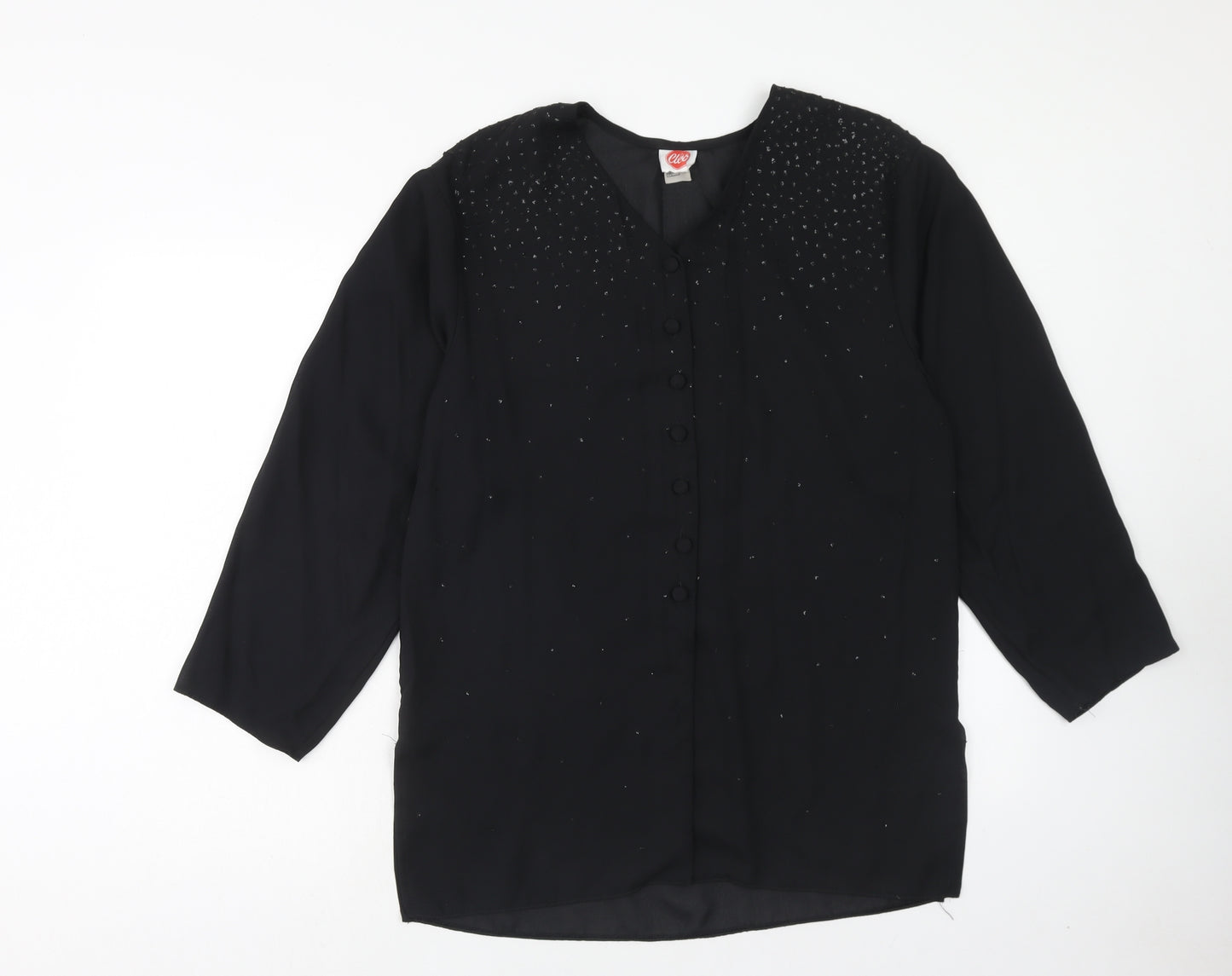 Cleo Womens Black Polyester Basic Button-Up Size 10 V-Neck