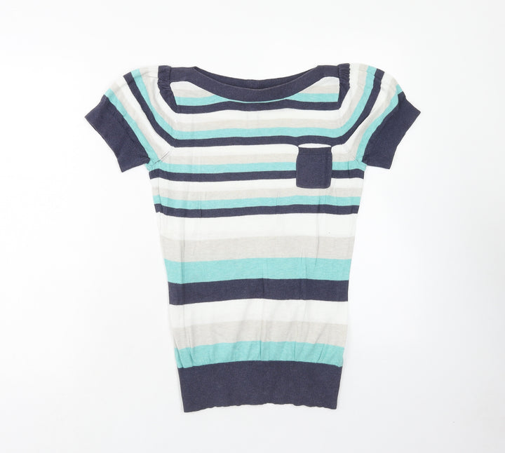 Dorothy Perkins Womens Multicoloured Striped Cotton Basic Blouse Size 10 Round Neck