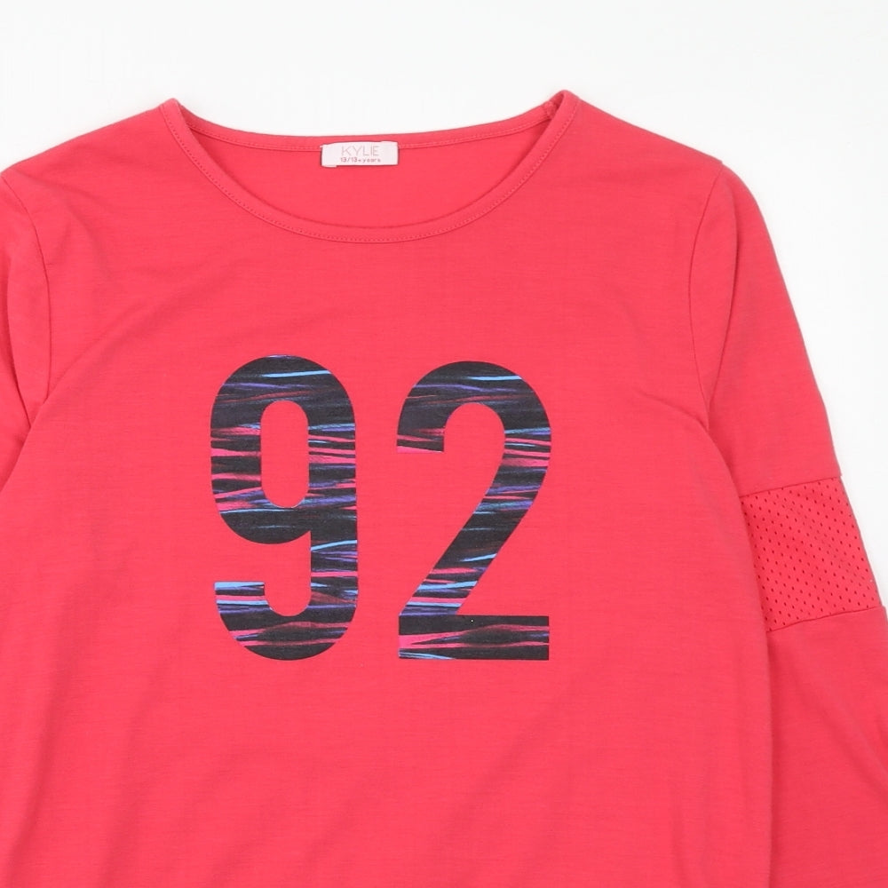 M&Co Girls Pink Polyester Basic T-Shirt Size 13 Years Crew Neck Pullover - 92 Print