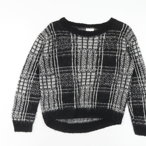 F&F Girls Black Round Neck Plaid Acrylic Pullover Jumper Size 6-7 Years Pullover