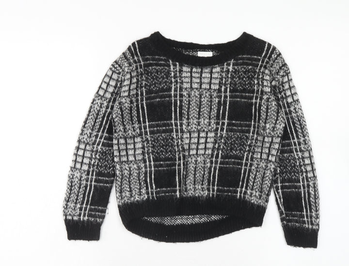 F&F Girls Black Round Neck Plaid Acrylic Pullover Jumper Size 6-7 Years Pullover