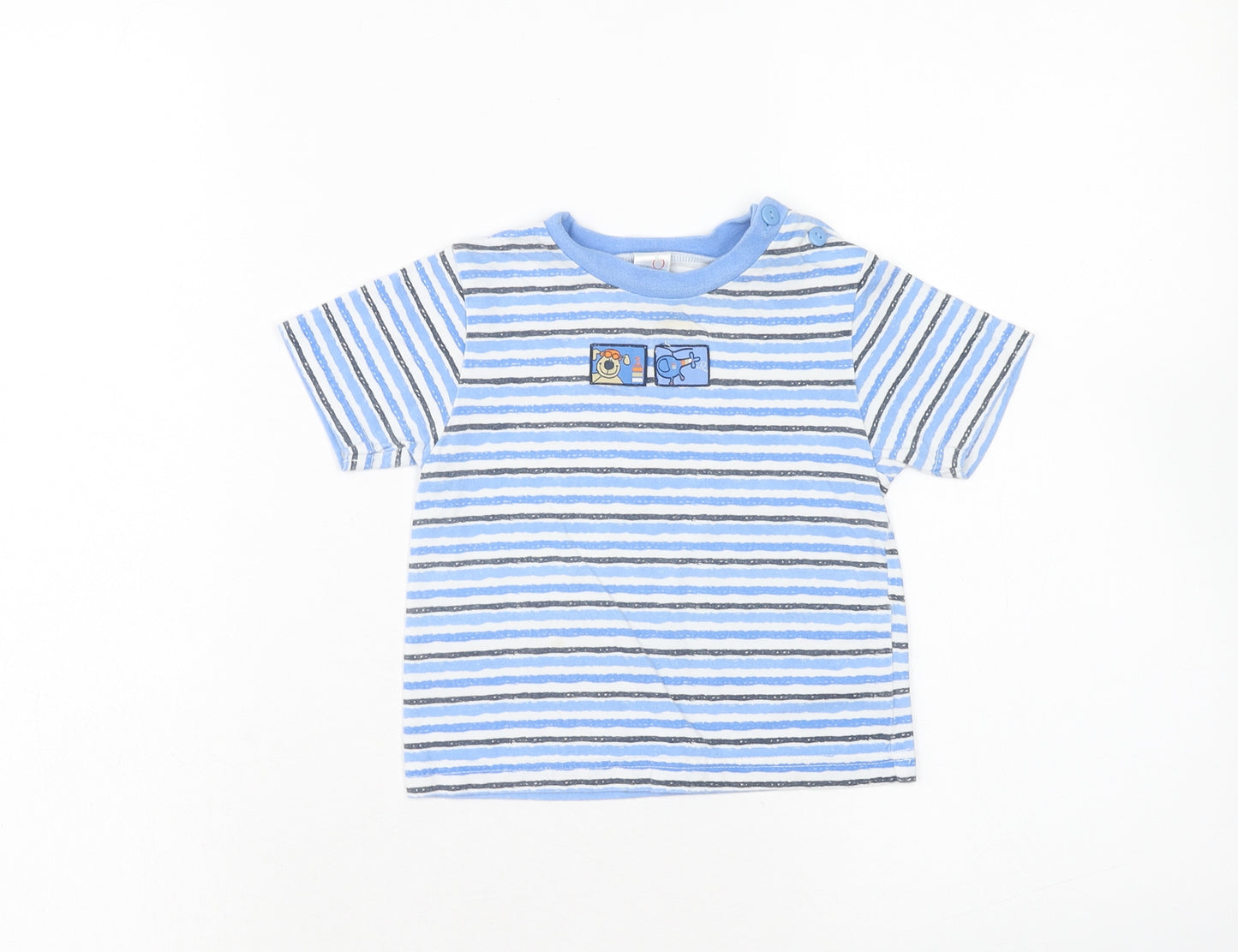 Adams Boys Blue Striped Cotton Basic T-Shirt Size 12-18 Months Round Neck Button