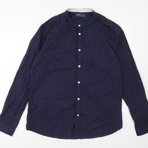 Easy Mens Blue Geometric Cotton Button-Up Size L Round Neck Button