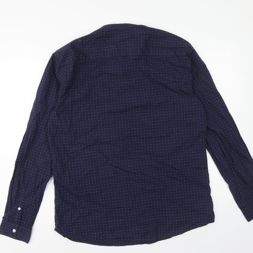 Easy Mens Blue Geometric Cotton Button-Up Size L Round Neck Button