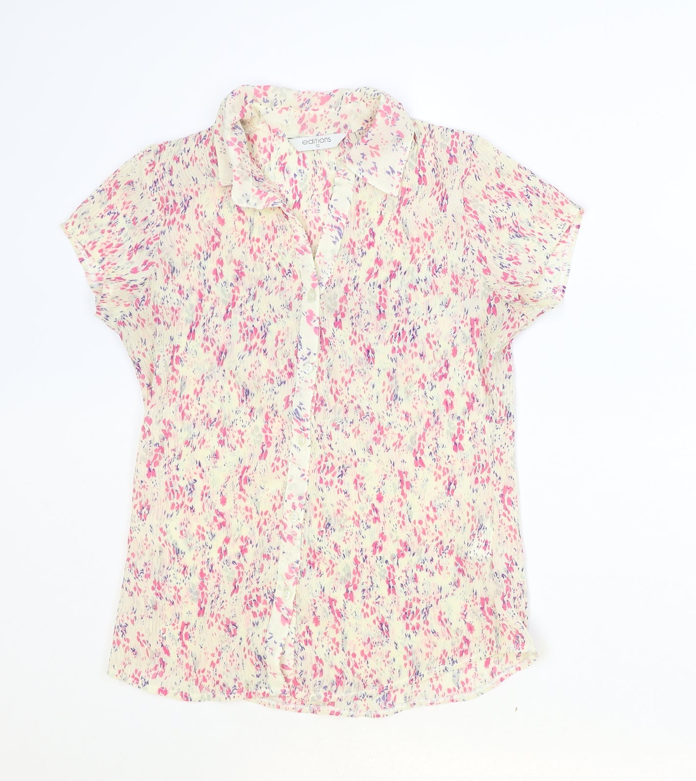 Editions Womens Ivory Geometric Polyester Basic Button-Up Size 10 Collared