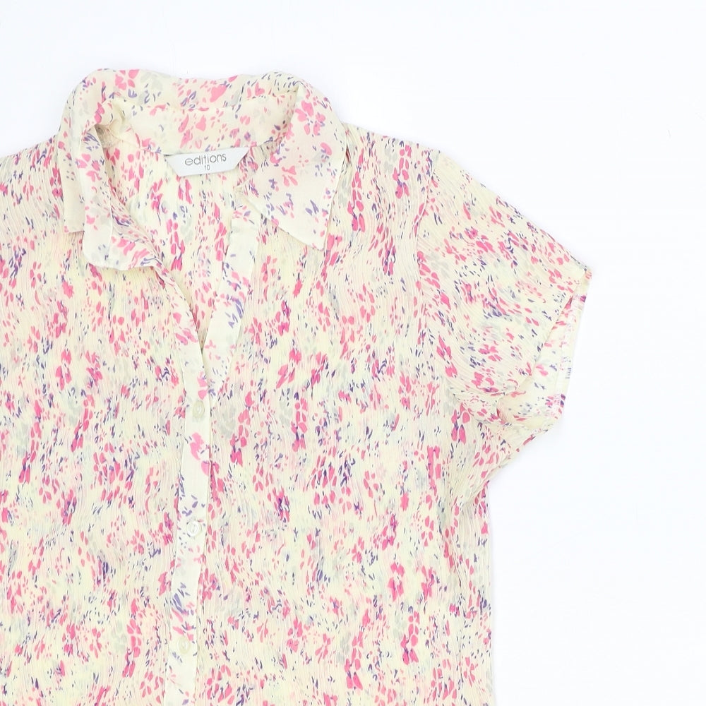 Editions Womens Ivory Geometric Polyester Basic Button-Up Size 10 Collared