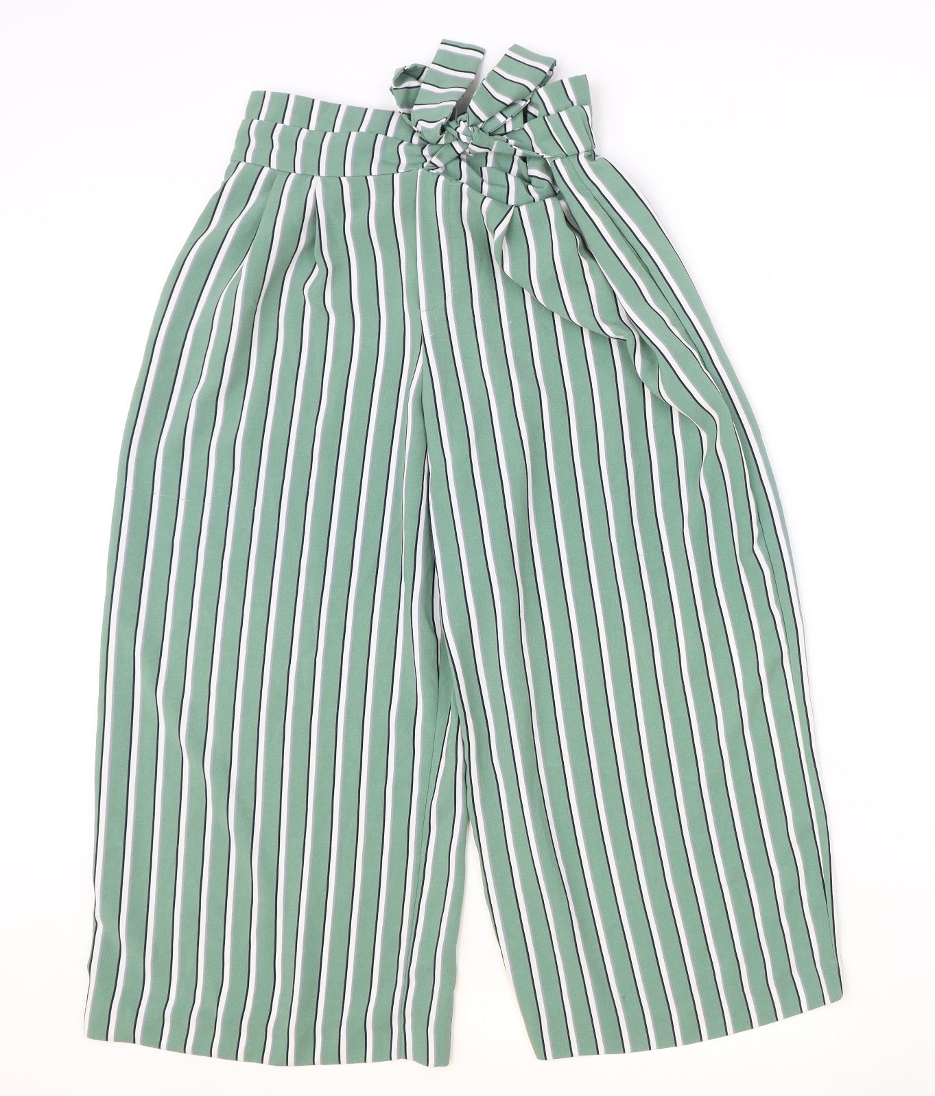 Zara Womens Green Striped Polyester Trousers Size M Regular Tie