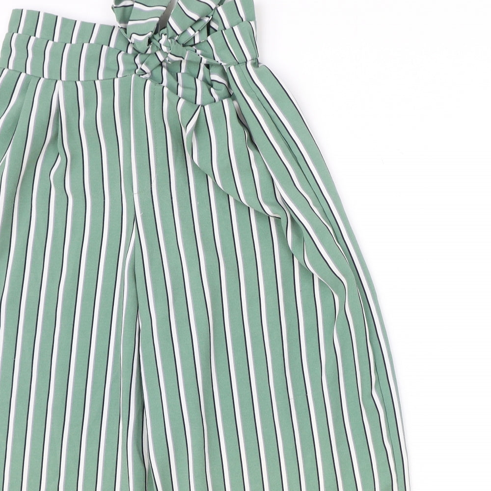 Zara Womens Green Striped Polyester Trousers Size M Regular Tie
