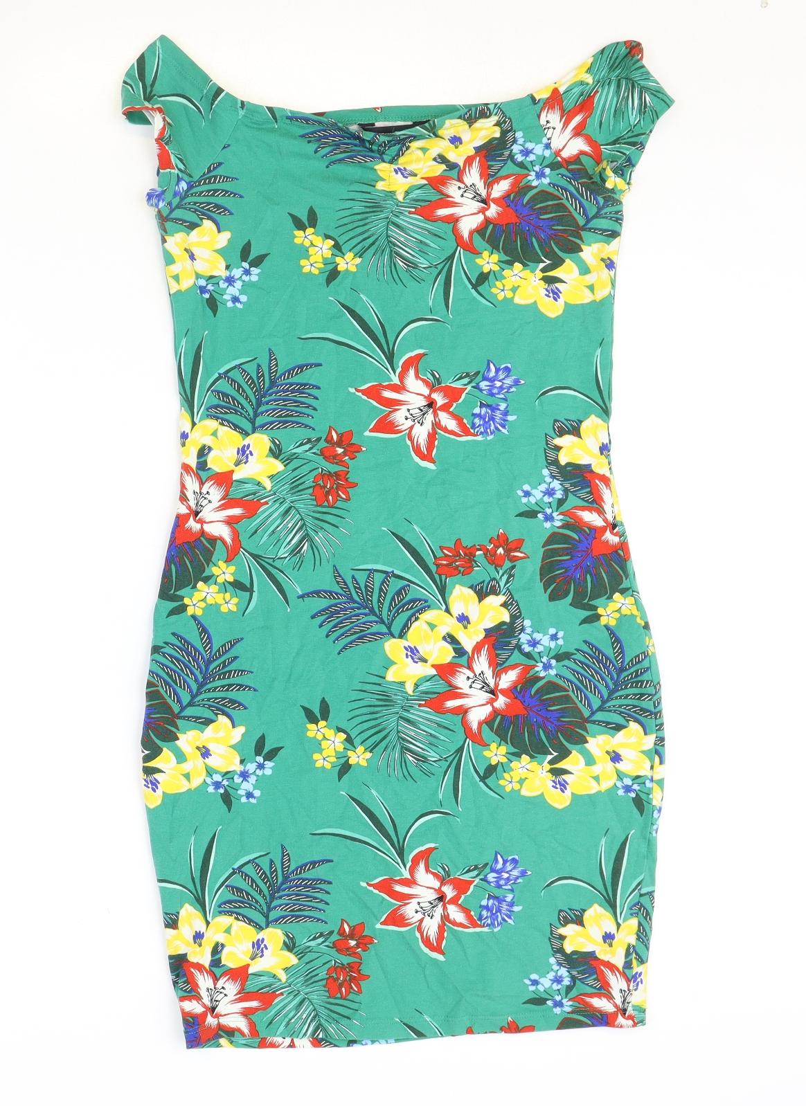 New Look Womens Green Floral Polyester Mini Size 10 Boat Neck Pullover