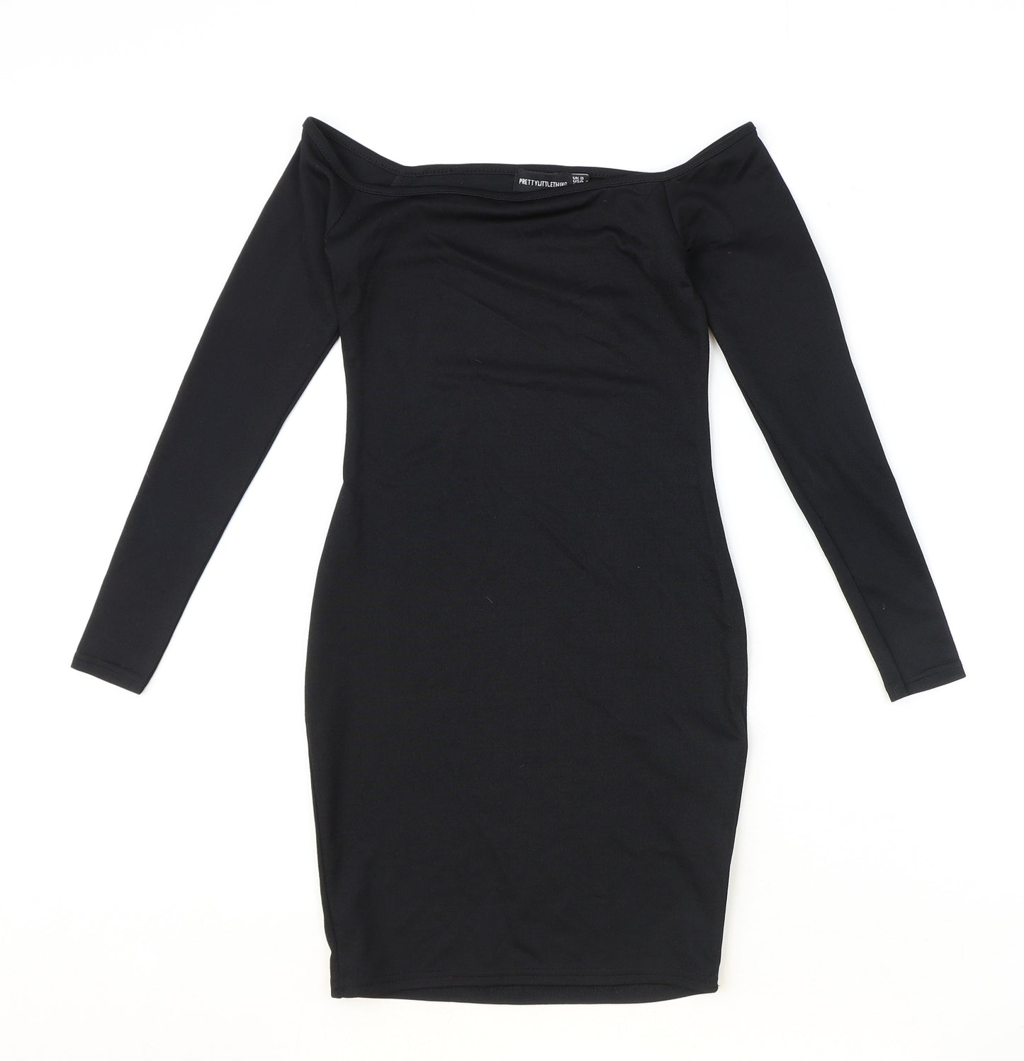 PRETTYLITTLETHING Womens Black Polyester Bodycon Size 8 Boat Neck Pullover