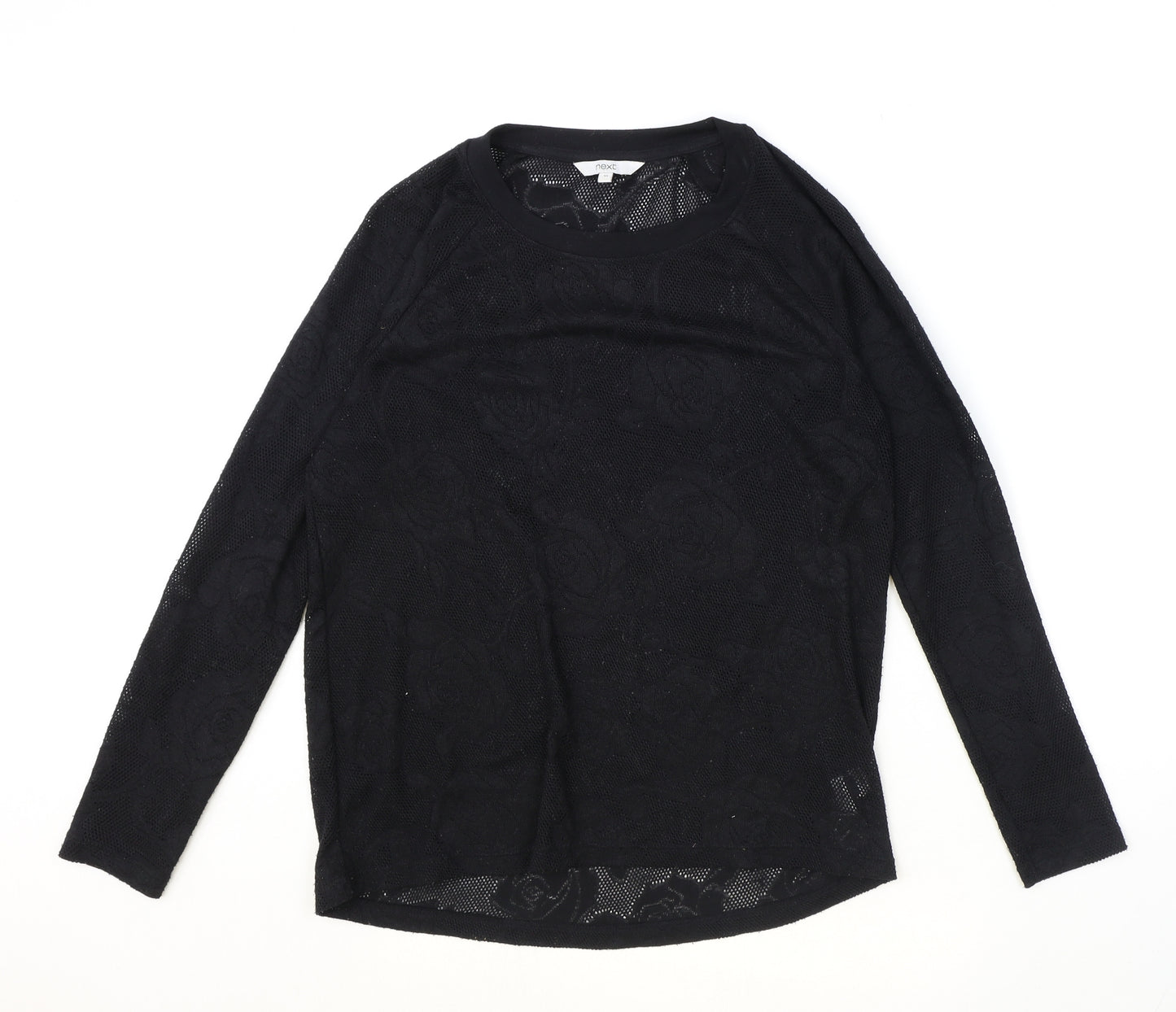 NEXT Womens Black Geometric Polyester Basic T-Shirt Size 10 Round Neck - Lace Detail