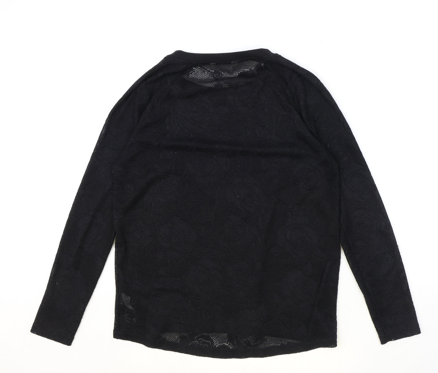 NEXT Womens Black Geometric Polyester Basic T-Shirt Size 10 Round Neck - Lace Detail