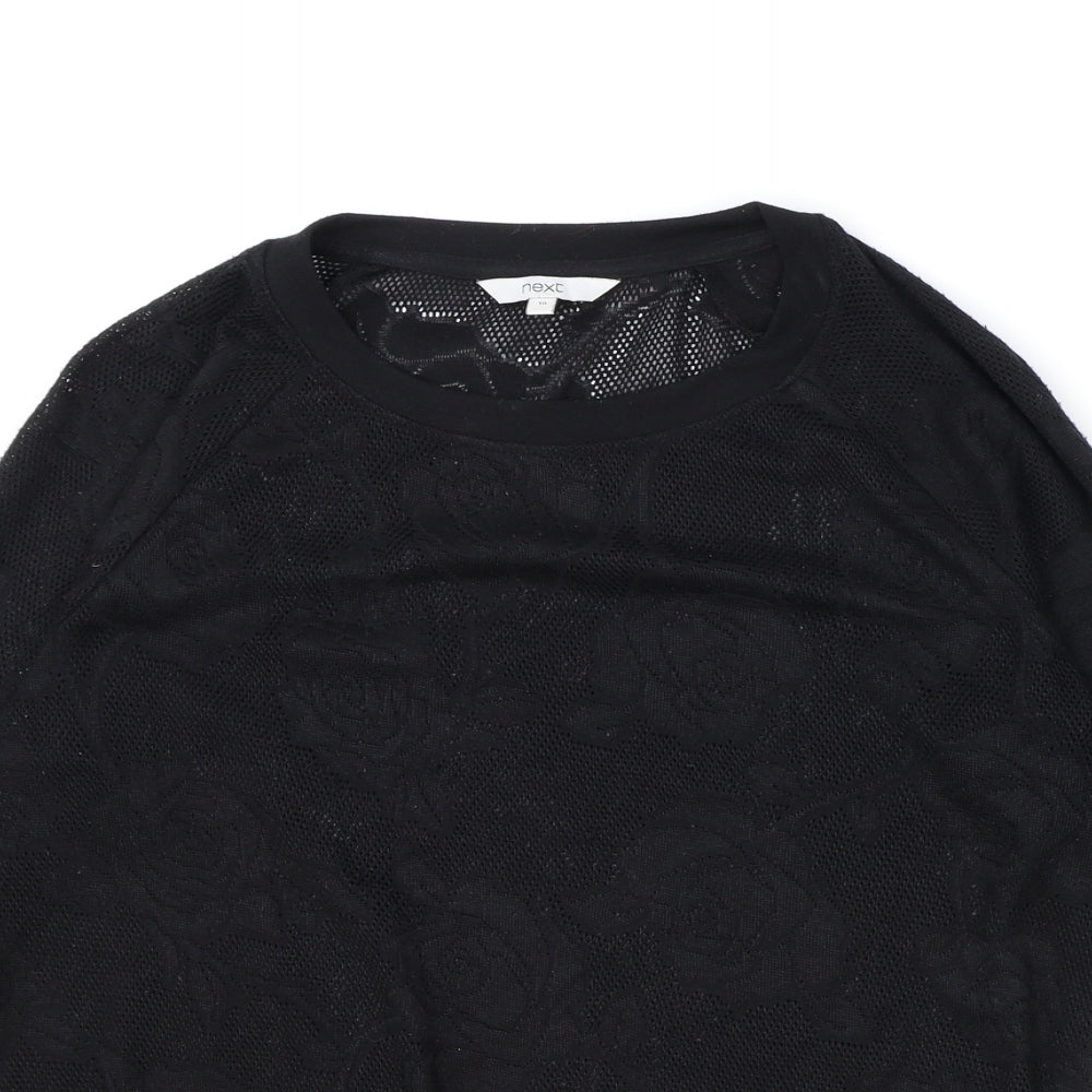NEXT Womens Black Geometric Polyester Basic T-Shirt Size 10 Round Neck - Lace Detail