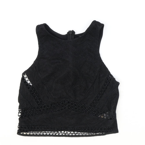 Topshop Womens Black Geometric Polyester Basic Tank Size 8 Round Neck - Lace Detail