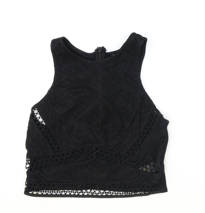 Topshop Womens Black Geometric Polyester Basic Tank Size 8 Round Neck - Lace Detail