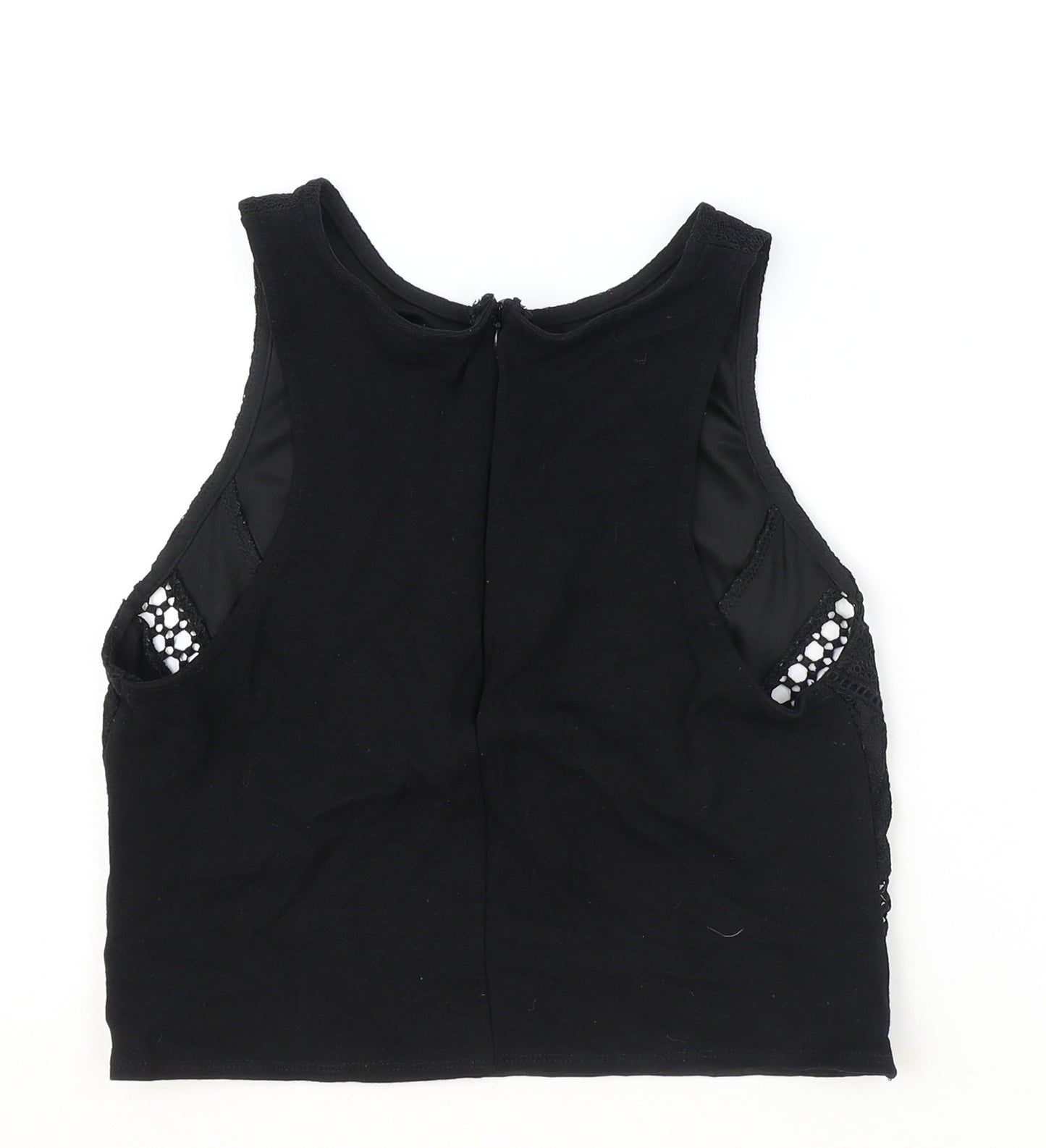 Topshop Womens Black Geometric Polyester Basic Tank Size 8 Round Neck - Lace Detail