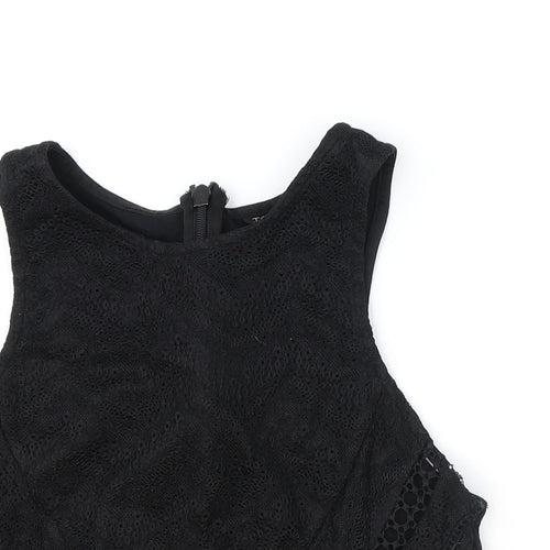 Topshop Womens Black Geometric Polyester Basic Tank Size 8 Round Neck - Lace Detail