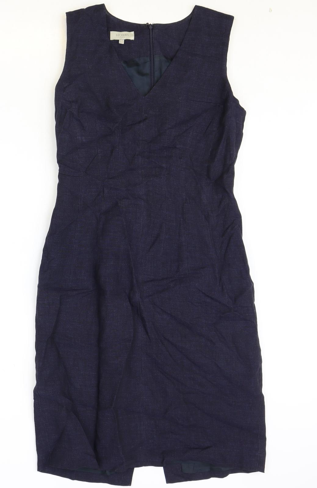Hobbs Womens Blue Linen Sheath Size 10 V-Neck Zip