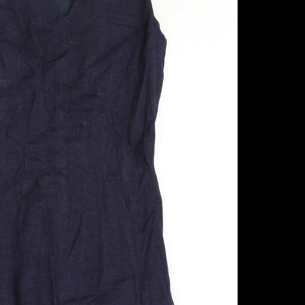 Hobbs Womens Blue Linen Sheath Size 10 V-Neck Zip