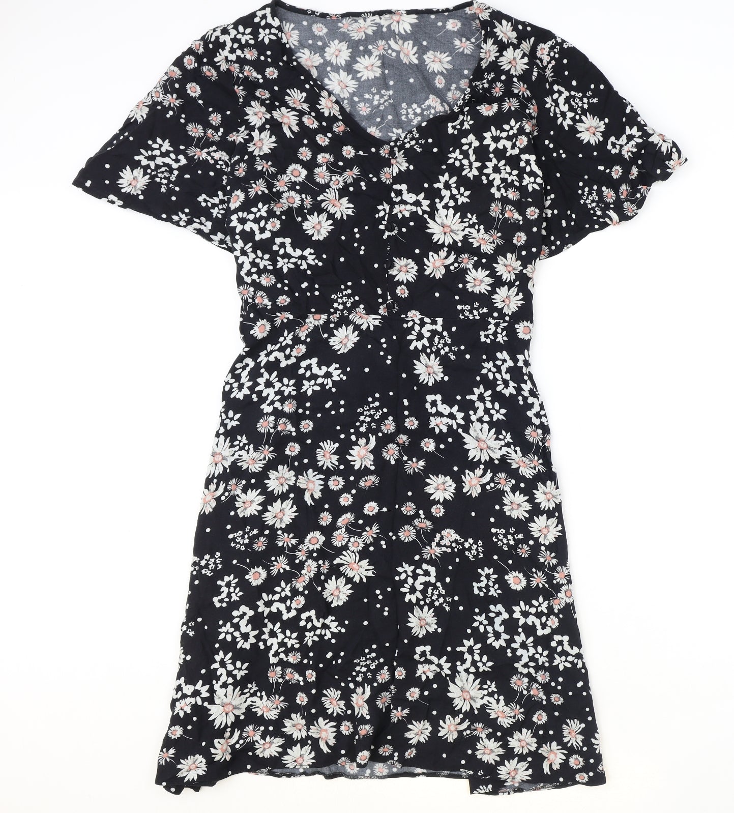 Nutmeg Womens Black Floral Viscose A-Line Size 18 V-Neck Button