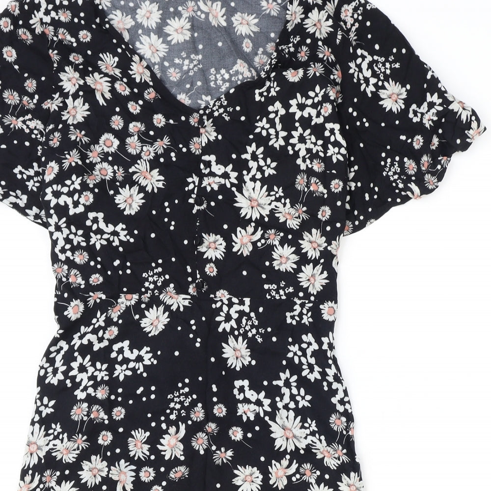 Nutmeg Womens Black Floral Viscose A-Line Size 18 V-Neck Button