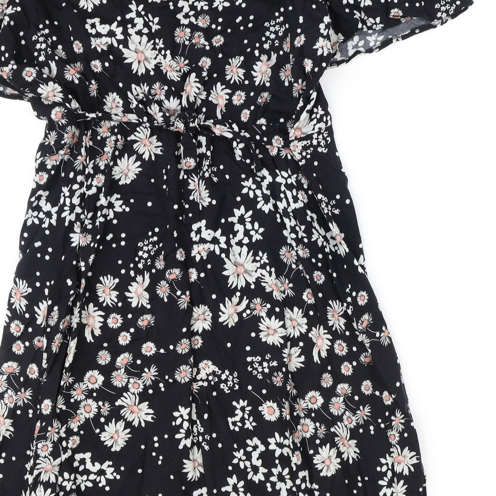 Nutmeg Womens Black Floral Viscose A-Line Size 18 V-Neck Button
