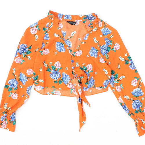 Topshop Womens Orange Floral Polyester Cropped Blouse Size 4 V-Neck