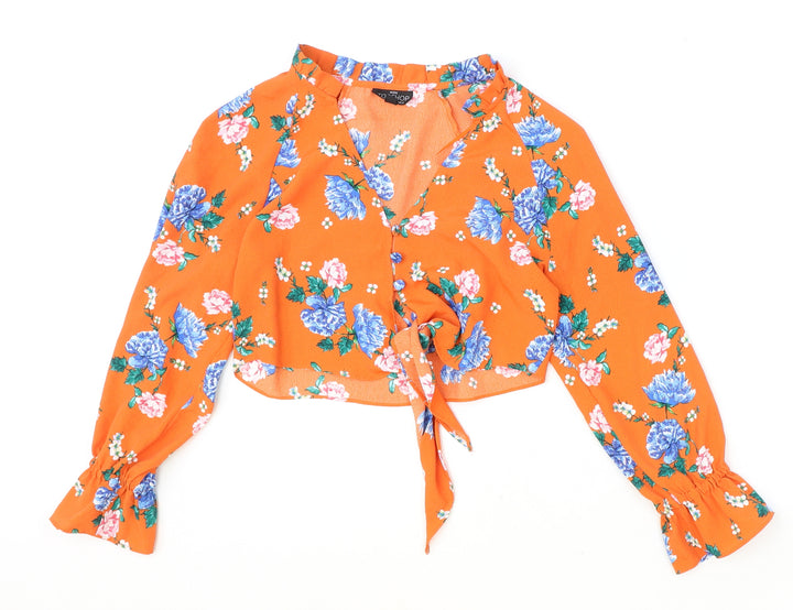 Topshop Womens Orange Floral Polyester Cropped Blouse Size 4 V-Neck