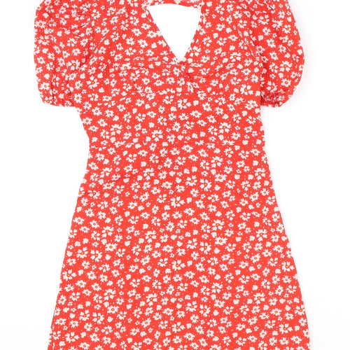 SheIn Womens Red Floral Polyester A-Line Size XS V-Neck Zip
