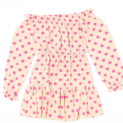 PRETTYLITTLETHING Womens Beige Polka Dot Polyester A-Line Size 8 Off the Shoulder Pullover