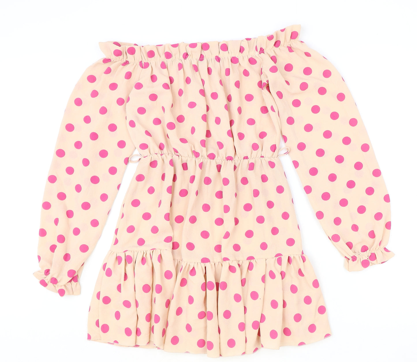 PRETTYLITTLETHING Womens Beige Polka Dot Polyester A-Line Size 8 Off the Shoulder Pullover
