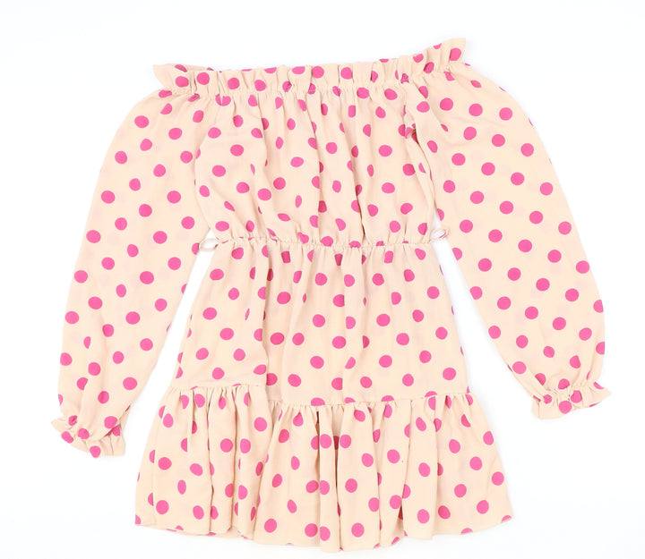 PRETTYLITTLETHING Womens Beige Polka Dot Polyester A-Line Size 8 Off the Shoulder Pullover
