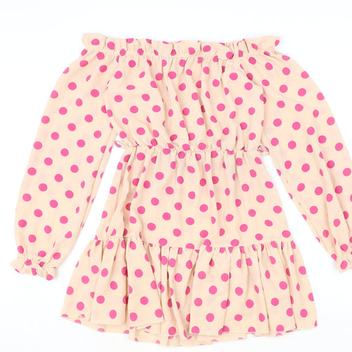 PRETTYLITTLETHING Womens Beige Polka Dot Polyester A-Line Size 8 Off the Shoulder Pullover