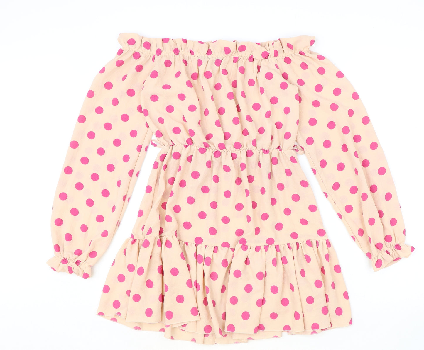 PRETTYLITTLETHING Womens Beige Polka Dot Polyester A-Line Size 8 Off the Shoulder Pullover