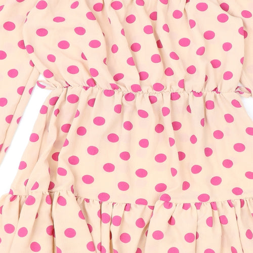 PRETTYLITTLETHING Womens Beige Polka Dot Polyester A-Line Size 8 Off the Shoulder Pullover