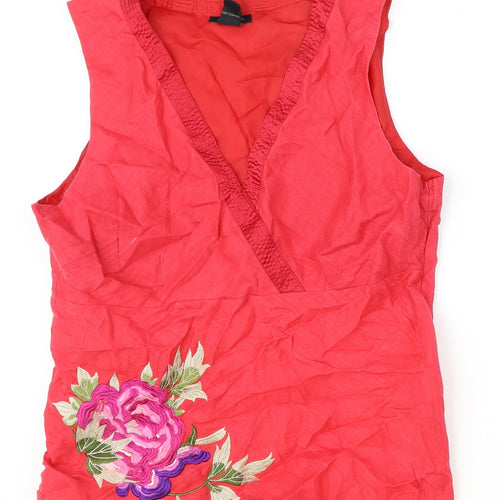 Anne Carson Womens Red Linen Basic Tank Size L V-Neck - Flower Detail