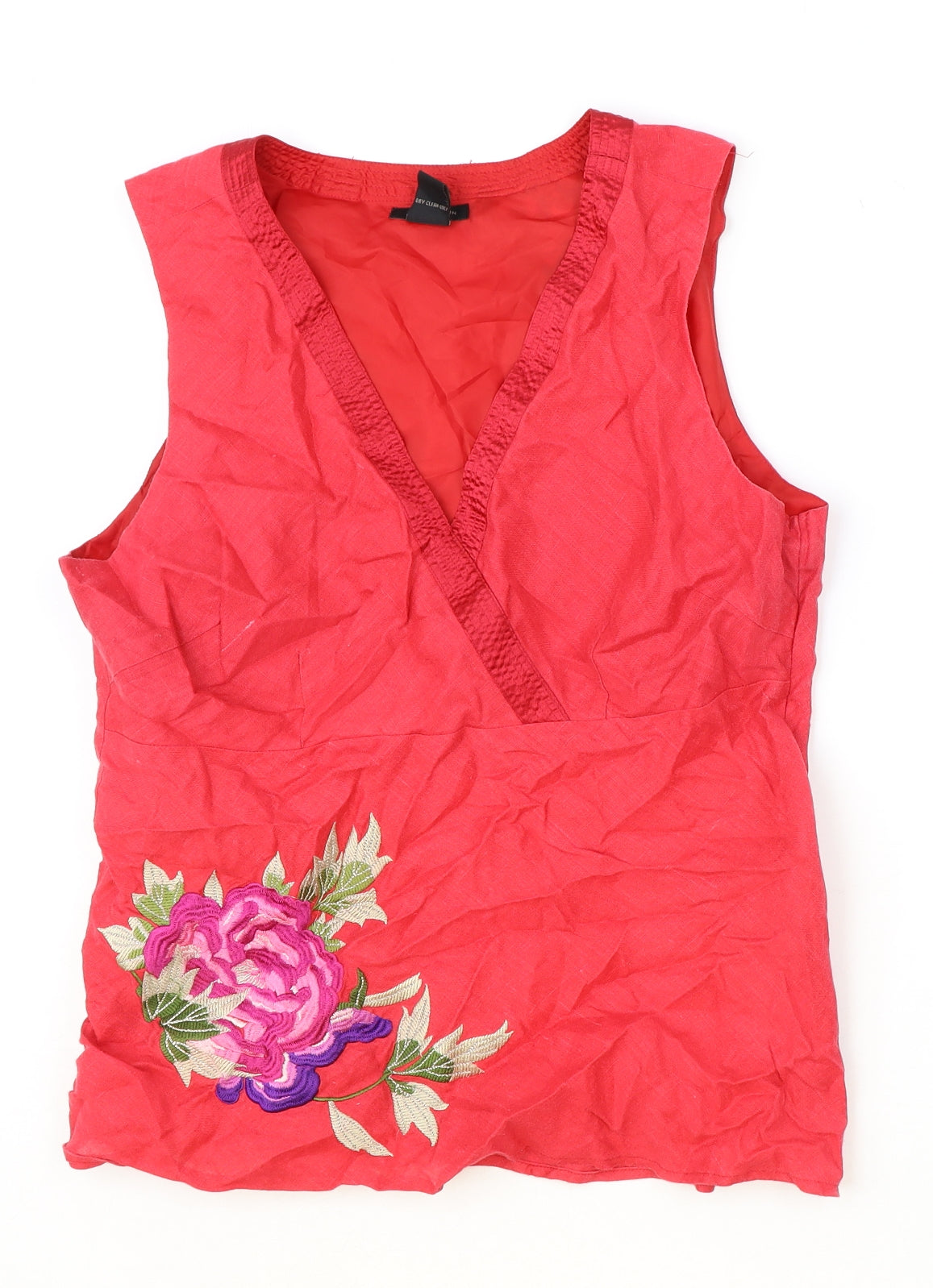Anne Carson Womens Red Linen Basic Tank Size L V-Neck - Flower Detail
