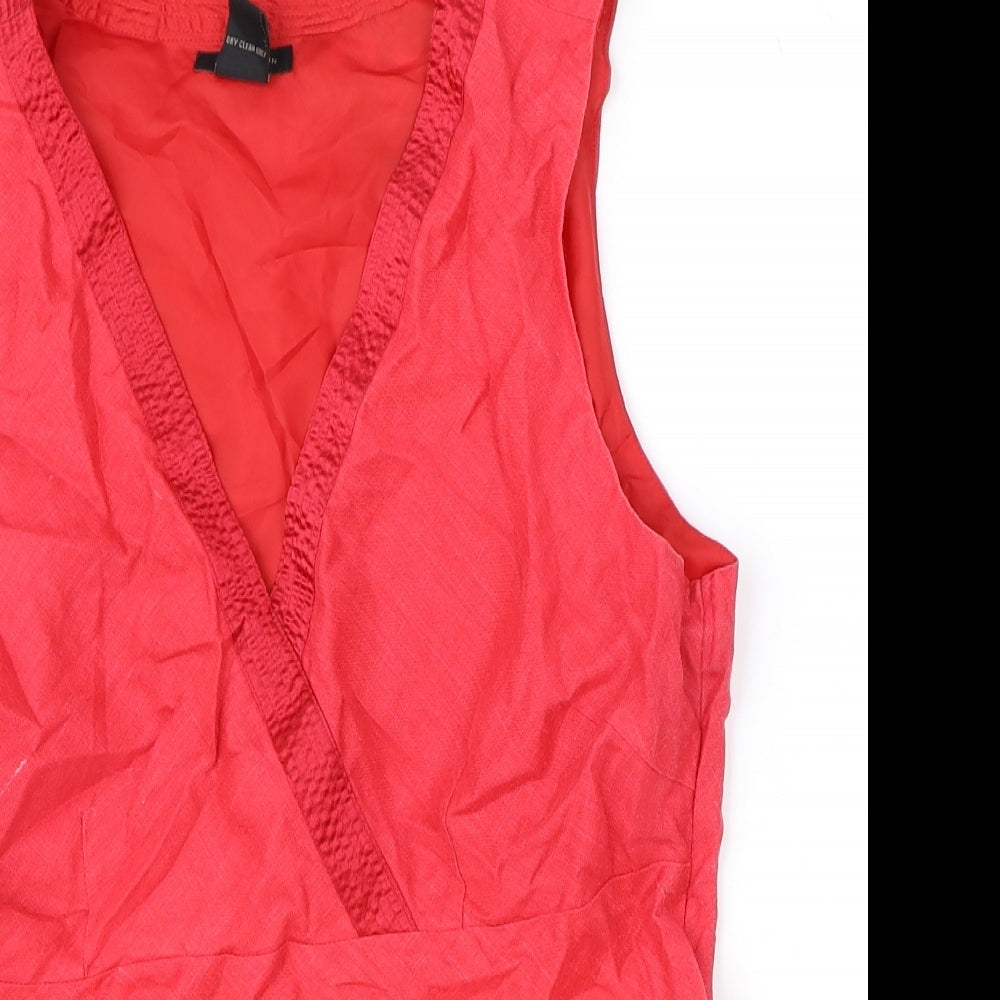 Anne Carson Womens Red Linen Basic Tank Size L V-Neck - Flower Detail